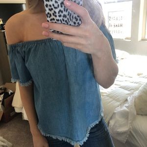 Off the shoulder jean shirt with fray detail